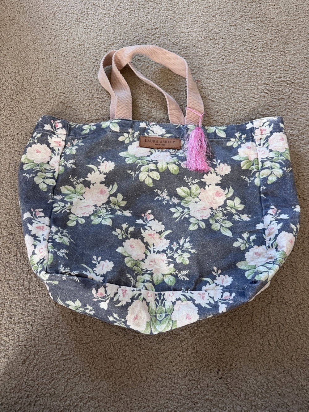 Laura Ashley Navy Floral Canvas Tote with Pink Tassel and Blush Handles